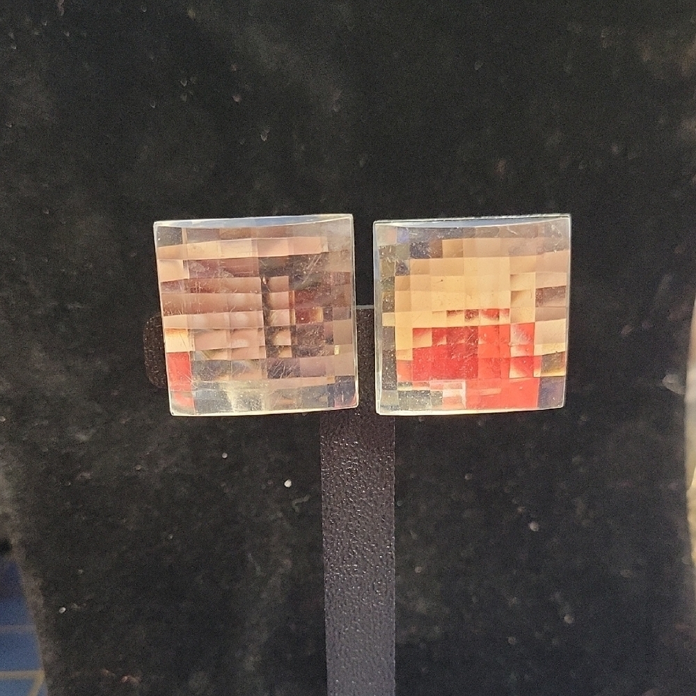 1980s Vintage 1" Square Mosaic Clip On Earrings